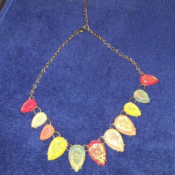 Gold Tone Pink Green Orange Chunky Jewel Necklace - Picture 1 of 4